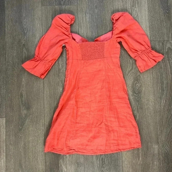 Aritzia Wilfred Stanza Mini Dress Linen Puff Sleeve Coral Pink Corset Size XXS - Picture 14 of 16